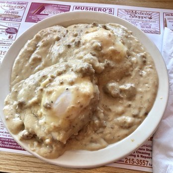 Rolly's Diner - Two biscuit, sausage patties, and eggs covered in gravy. So incredibly good and only $7.50! - Sandwiches Near Me - Auburn, Maine