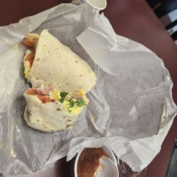 Island Cafe - South Pacific Omelet Wrap with salsa and a coffee sample Not pictured is free sample of the pasta salad because I ate it too quickly!