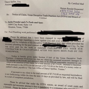 J's Pools & Spas - Attorney Demand letter to pay his contractors. He never paid the plumber who did the work on our pool. - Pool Cleaners Near Me - Houston, Texas J's Pools & Spas - Attorney Demand letter to pay his contractors. He never paid the plumber who did the work on our pool. - Pool Cleaners Near Me - Houston, Texas
