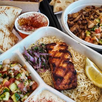 Stephano's Greek & Mediterranean Grill - Salmon plate, baba ghanoush, falafel's in the back! & the Greek Frappe! All so tasty! - Mediterranean Near Me - Las Vegas, Nevada