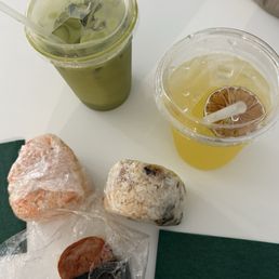 Matcha, yuzu spritz, onigiri and spam musubi Matcha, yuzu spritz, onigiri and spam musubi