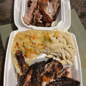 Jamaican smoke enz - Side of ribs with sides of jerk, bbq, and honey gold sauces! So tender and seasoned/grilled perfectly - Food Trucks Near Me Jamaican smoke enz - Side of ribs with sides of jerk, bbq, and honey gold sauces! So tender and seasoned/grilled perfectly - Food Trucks Near Me