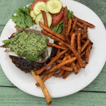 The Top - black bean burger with sweet potato fries - New American Near Me - Gainesville, Florida The Top - black bean burger with sweet potato fries - New American Near Me - Gainesville, Florida
