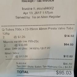 The Pedaler Bicycles - This was my receipt with the overcharge i was not anticipating.