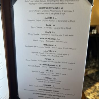 Javier's La Jolla - Margarita menu - Mexican Near Me - San Diego, California