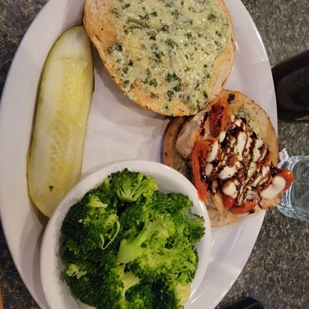 Craft Public House - Caprese chicken burger with herb butter broccoli - Sports Bars Near Me - Cary, North Carolina