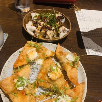 Juju - Crispy Beef Short Rib Wontons (bottom), pork and shrimp dumplings - Tapas/Small Plates Near Me - Durham, North Carolina Juju - Crispy Beef Short Rib Wontons (bottom), pork and shrimp dumplings - Tapas/Small Plates Near Me - Durham, North Carolina