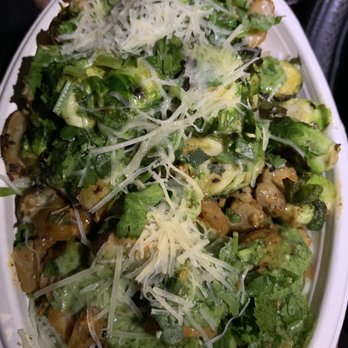 Bolay - Cilantro noodles, jasmine rice, shrimp, Teriyaki chicken, garlic broccoli, roasted brussels sprouts and pesto sauce with Parmesan cheese - New American Near Me - Miami, Florida