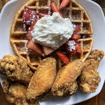 Yo' Mama's - Chicken and waffles with fruit and whipped cream topping - Gluten-Free Near Me - Birmingham, Alabama Yo' Mama's - Chicken and waffles with fruit and whipped cream topping - Gluten-Free Near Me - Birmingham, Alabama