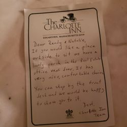 Charlotte Inn - 1st written letter from management dropped off at our room.