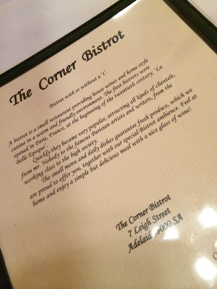THE CORNER BISTROT 11 Reviews 13 Leigh St, Adelaide South Australia