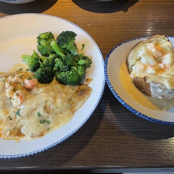 Red Lobster - Main: Lobster topped Stuffed Flounder with broccoli  Side: Lobster topped Baked Potato - Seafood Near Me - Fairfield, California