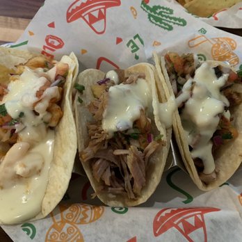 Cabo Taco - Tacos- left shrimp, middle pastor, right chicken - Mexican Near Me - Cincinnati, Ohio