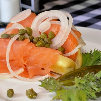 Phoenix Club - Smoked Norwegian Salmon on an open faced bun with sour cream, slivered onions, capers - German Near Me - Brea, California