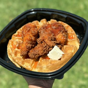 Egg N Bird - Sweet and savory Chicken & Waffles! Waffle, Fried Chicken Tenders (2) tossed in Nashville Oil, Hot Honey, Side of Butter, Syrup. - Chicken Shop Near Me - Cypress, California Egg N Bird - Sweet and savory Chicken & Waffles! Waffle, Fried Chicken Tenders (2) tossed in Nashville Oil, Hot Honey, Side of Butter, Syrup. - Chicken Shop Near Me - Cypress, California