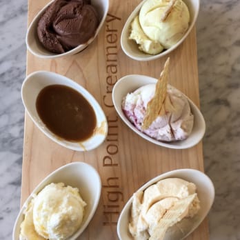 High Point Creamery - Starting top left: Chocolate, chamomile with strawberry swirl, hot caramel sauce, basil with blackberry, lemon, salted caramel. - Ice Cream & Frozen Yogurt Near Me - Denver, Colorado