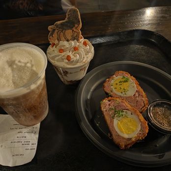 Three Broomsticks at Universal Studios Hollywood - From left to right: Butter beer, Hippogriff Trifle, Scotch Egg - British Near Me - Universal City, California Three Broomsticks at Universal Studios Hollywood - From left to right: Butter beer, Hippogriff Trifle, Scotch Egg - British Near Me - Universal City, California