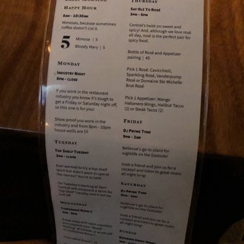 Central Bar + Restaurant - Weekly specials menu (December 2019) - American Near Me - Bellevue, Washington