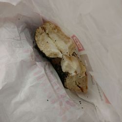 Cream cheese poppy seed bagel. Toasted. Nice portion of cream cheese.