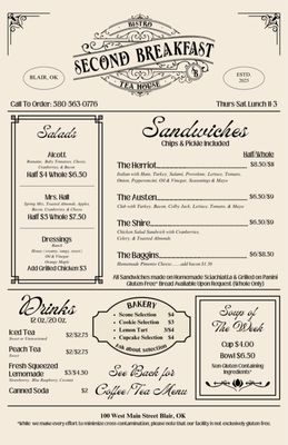 Menu photo 1 Second Breakfast Bistro & Tea House Blair, OK Menu photo 1 Second Breakfast Bistro & Tea House Blair, OK