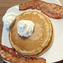Stacked Pancake & Breakfast House - Kids pancakes with bacon (bacon is crispy and not overcooked!)