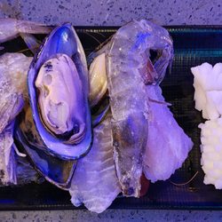 KPOT Korean BBQ & Hot Pot - Left to right... Jumbo Shrimp, Mussels, Swai Fish, Squid