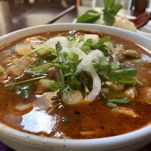 Photo of Pho Shizzle - Seattle, WA, United States. Bun bo hue (spicy beef meatball noodle soup)