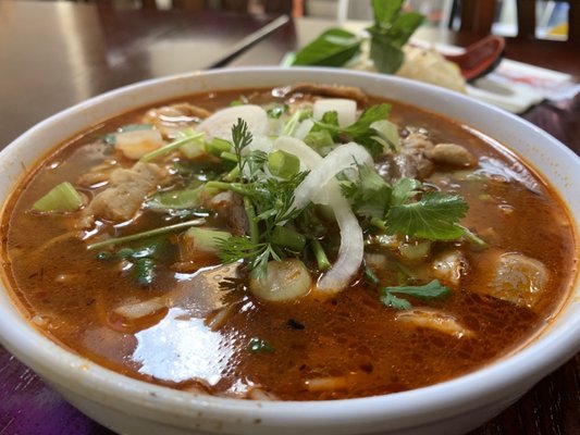 Photo of Pho Shizzle - Seattle, WA, US. Bun bo hue (spicy beef meatball noodle soup)