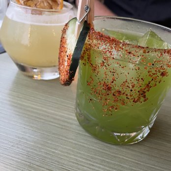 The Olive Restobar - The spicy one subbed out for Botanist Gin (green) and Penicillin (yellow) - Mediterranean Near Me - Downey, California