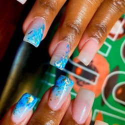 Polished Nail & Skin Care Boutique - Natural Nail Overlay with foil and stamp designs