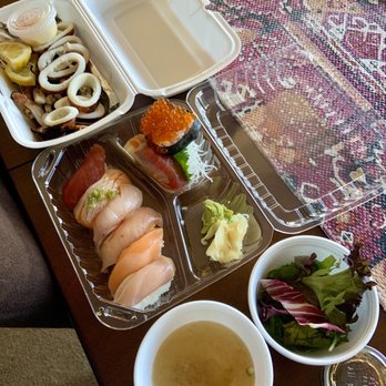Oyama Sushi - Grilled squid, sashimi and sushi combo that comes with soup and salad, and salmon roe nigiri - Sushi Bars Near Me - Lafayette, California Oyama Sushi - Grilled squid, sashimi and sushi combo that comes with soup and salad, and salmon roe nigiri - Sushi Bars Near Me - Lafayette, California