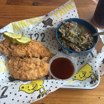 Tumble 22 Chicken Joint - Jumbo 2 Piece Tender with Regular Collard Greens and hot honey sauce. - Chicken Wings Near Me - Austin, Texas