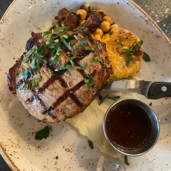 Green Pig Bistro - Pork Chop & Chorizo/chickpea cornbread - New American Near Me - Arlington, Virginia