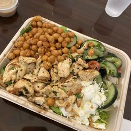 Greek salad. Comes with chicken, crispy garbanzo beans, cucumber, lots of feta...the works! Greek salad. Comes with chicken, crispy garbanzo beans, cucumber, lots of feta...the works!