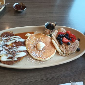 Snooze, an A.M. Eatery - Pumpkin w/walnuts & banana w/berries on top & regular buttermilk w/ butter & powdered sugar. Pumpkin was outrageously good. - Breakfast & Brunch Near Me - Dunwoody, Georgia Snooze, an A.M. Eatery - Pumpkin w/walnuts & banana w/berries on top & regular buttermilk w/ butter & powdered sugar. Pumpkin was outrageously good. - Breakfast & Brunch Near Me - Dunwoody, Georgia