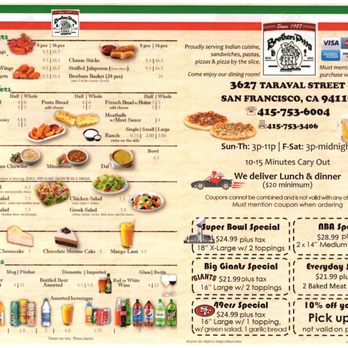 Brothers Pizza - Menu 1 of 2 - Pizza Near Me - San Francisco, California Brothers Pizza - Menu 1 of 2 - Pizza Near Me - San Francisco, California