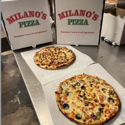 Milano's pizza - Small Supreme and Small Hamburger.