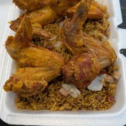Jiang’s Asian Kitchen - Chicken wings and pork fried rice.