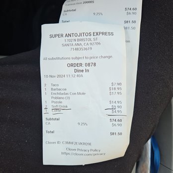 Super Antojitos Express - recivo de la cuenta donde inflan los precios para robarte dinero sin que lo sepas - Mexican Near Me - Santa Ana, California