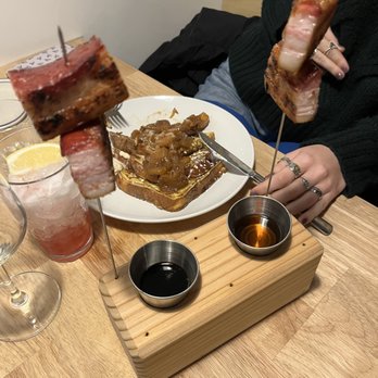 Gather 22 - Daughter loved the overnight French toast! (and that is the "sticky bacon" in front---like pork belly with two dipping sauces... I mean-YUM! - Pizza Near Me - Indianapolis, Indiana Gather 22 - Daughter loved the overnight French toast! (and that is the "sticky bacon" in front---like pork belly with two dipping sauces... I mean-YUM! - Pizza Near Me - Indianapolis, Indiana