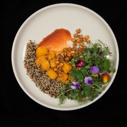 ESSEN Kitchen - Roasted Butternut Squash, Fresh Edible Flowers and Microgreens with Crunchy Spiced Chicpeas, and Tri Colored Quinoa