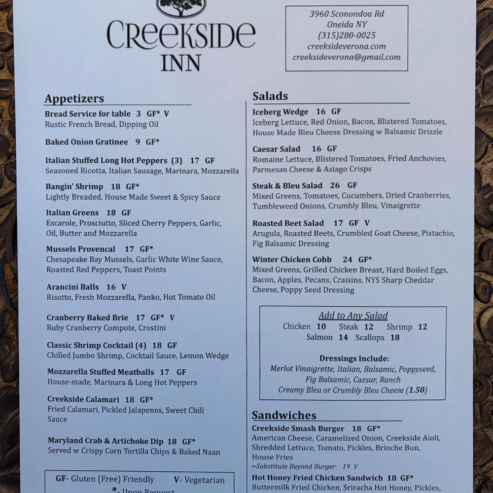 Creekside Inn - Menu - Bed & Breakfast Near Me - Oneida, New York Creekside Inn - Menu - Bed & Breakfast Near Me - Oneida, New York