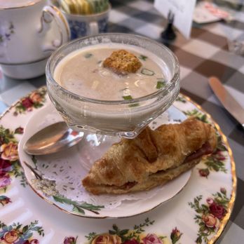Aubrey Rose Tea Room - Soup first course with a little croissant ham/cheese - Tea Rooms Near Me - La Mesa, California