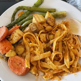 Pasta with chicken, asparagus, carrots, and parsnips - yum!!!!!