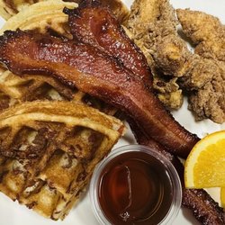 4 Chicken & Waffles - Bacon filled waffle, fried chicken and maple bacon