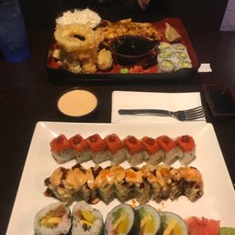 Chicken teriyaki bento box Angry bird roll, Godzilla roll, and futo maki roll Chicken teriyaki bento box Angry bird roll, Godzilla roll, and futo maki roll