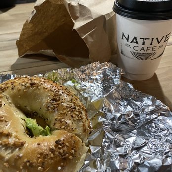 Native Cafe - Everything bagel with egg, cheddar cheese and avocado; 12 oz latte to go - Breakfast & Brunch Near Me - Doylestown, Pennsylvania