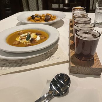 The Brewer's Art - Flight of Beer with Butternut Squash Soup (near) and Sweet Potato Gnocchi (far) - Breweries Near Me - Baltimore, Maryland
