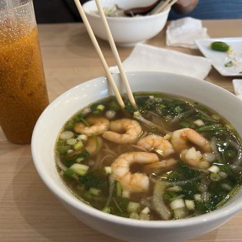 Pho Viet & Grill - Thai tea and Shrimp Pho after I cleaned the shrimp myself - Vietnamese Near Me - Spring, Texas