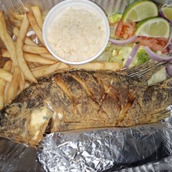 Mojarra Fish, Salad, Rice, French Fries and Corn Tortillas